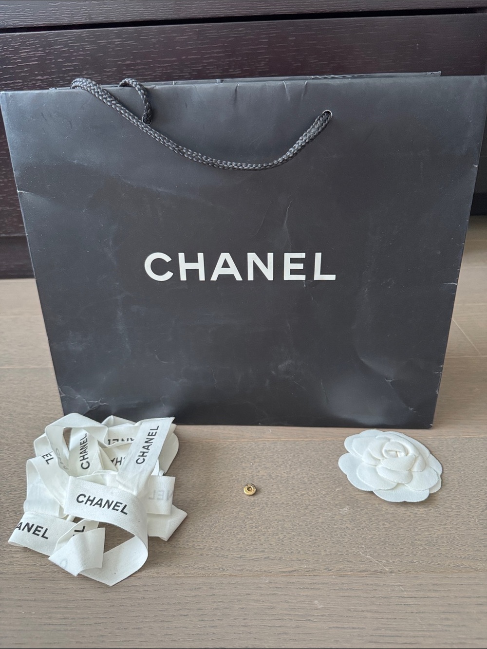 Chanel Shopping Tote Gift Bag Empty with Flower Ribbon Button 13”x10.5”x5.5”